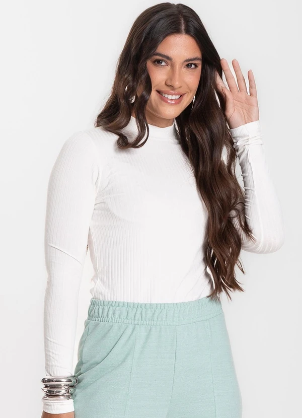 Select - Blusa Manga Longa Feminina Canelada Bege