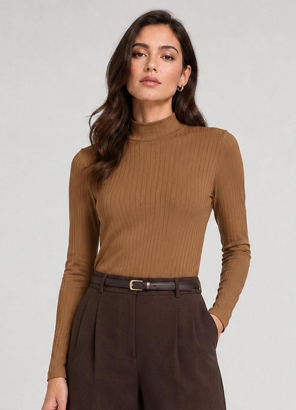 Select - Blusa Manga Longa Feminina Canelada Marrom