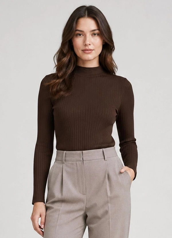 Select - Blusa Manga Longa Feminina Canelada Marrom