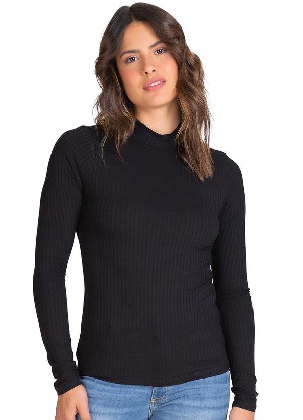 Rovitex - Blusa Manga Longa Feminina Canelada Preto