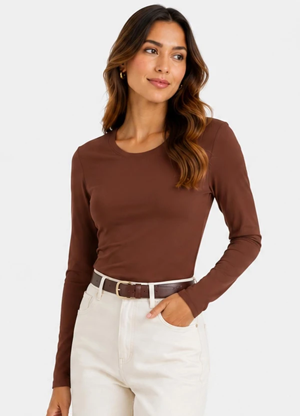 Infinita Cor - Blusa Manga Longa Feminina em Suplex Marrom