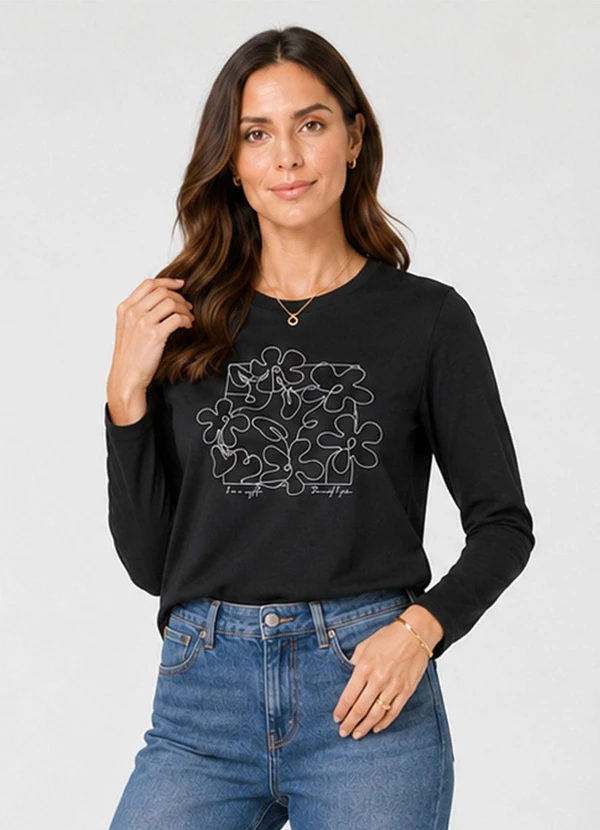 Infinita Cor - Blusa Manga Longa Feminina Molicotton Preto