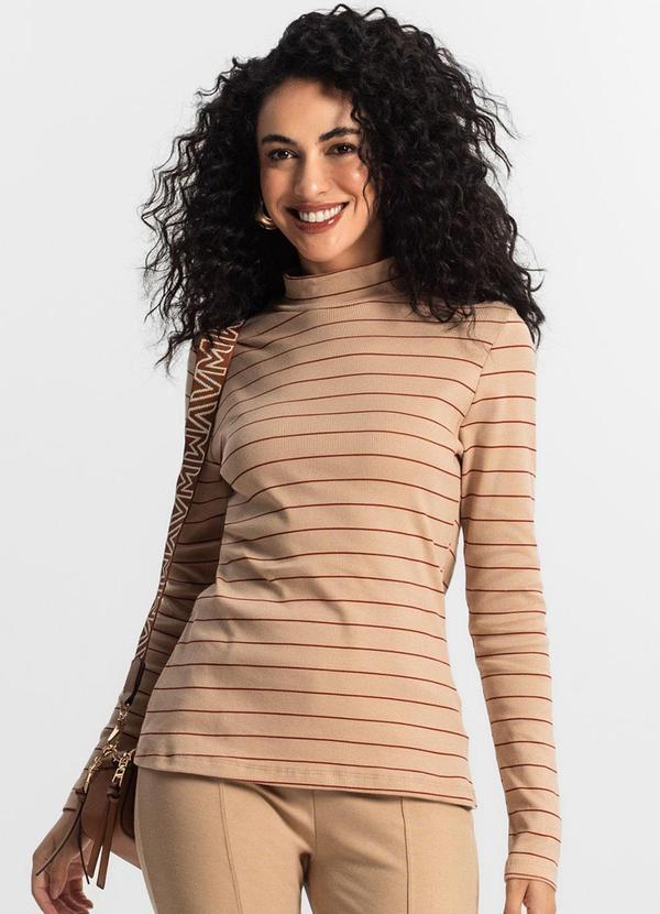 Rovitex - Blusa Feminina Manga Longa Listras Marrom
