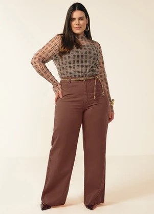 Marialícia - Blusa Manga Longa Feminina Tule Xadrez Marrom - MARIALÍCIA