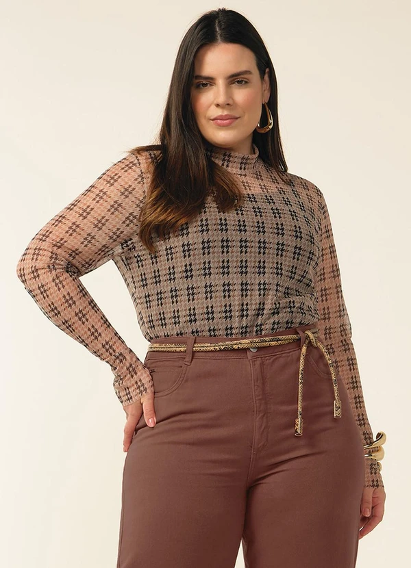 Marialícia - Blusa Manga Longa Feminina Tule Xadrez Marrom