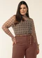Marialícia - Blusa Manga Longa Feminina Tule Xadrez Marrom - variação: Marrom