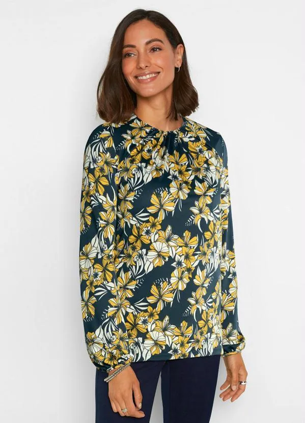 Queima Estoque - Blusa Manga Longa Floral Azul