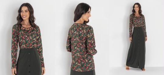 Blusa Manga Longa Floral Verde