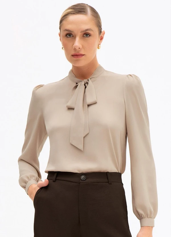 Principessa - Blusa Manga Longa Gola Laço Bege Gabriella 1