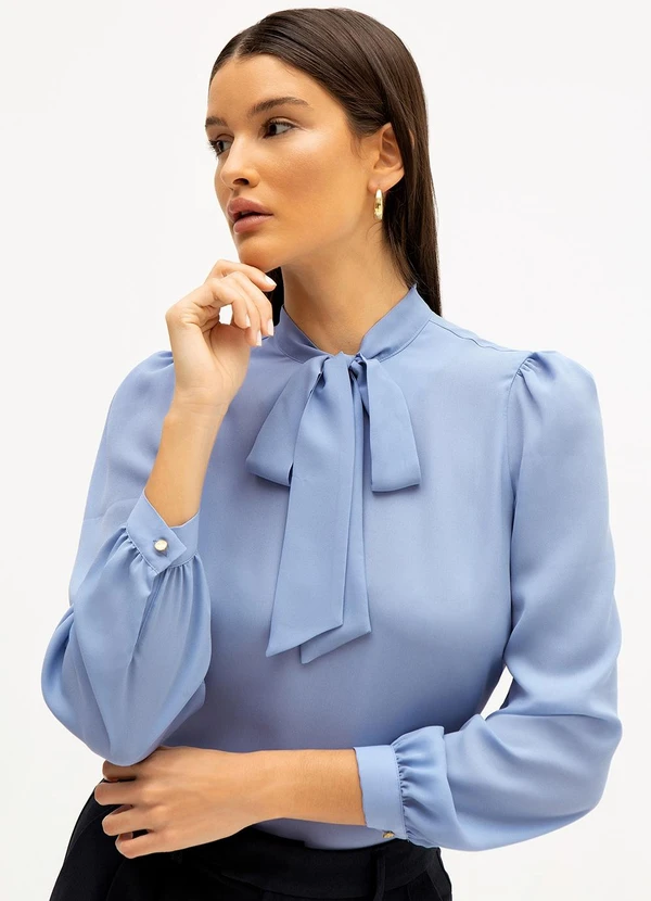 Principessa - Blusa Manga Longa Gola Laço Azul Claro Florenza