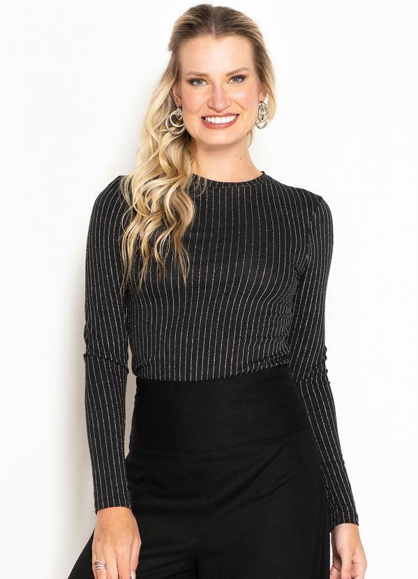 Maria Filó - Blusa Manga Longa Listra de Brilho Preta