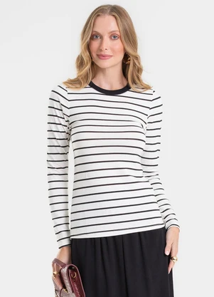 Rovitex - Blusa Manga Longa Listrada Básica Bege - ROVITEX