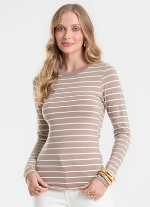 Rovitex - Blusa Manga Longa Listrada Básica Marrom - ROVITEX