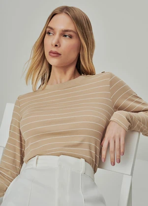 Principessa - Blusa Manga Longa em Malha Canelada Listrada Mocha Mousse Luana - PRINCIPESSA