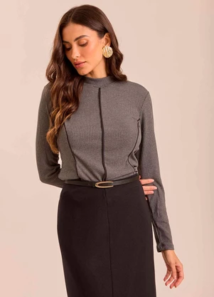 Doce Trama - Blusa Manga Longa Retrô Glam em Ribana Cinza - DOCE TRAMA