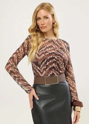 Naguchi - Blusa Manga Longa Tule Estampa Exclusiva Bronze - NAGUCHI
