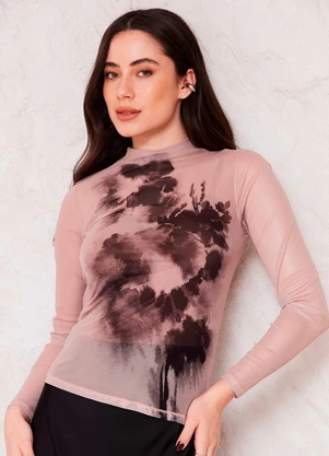 Doce Trama - Blusa Manga Longa Tule Estampado Sunset Bege - DOCE TRAMA