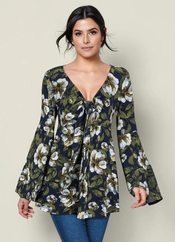 bonprix - Blusa Manga Sino Estampada Floral Azul