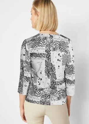 bonprix - Blusa Mangas 3/4 Animal Print Off White - BONPRIX