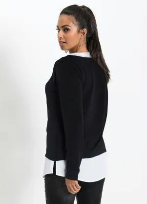 bonprix - Blusa Mangas Longas com Visual Duplo Preto - BONPRIX