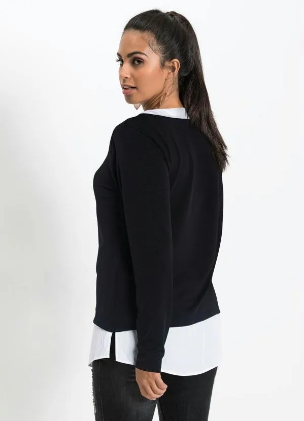 bonprix - Blusa Mangas Longas com Visual Duplo Preto 2