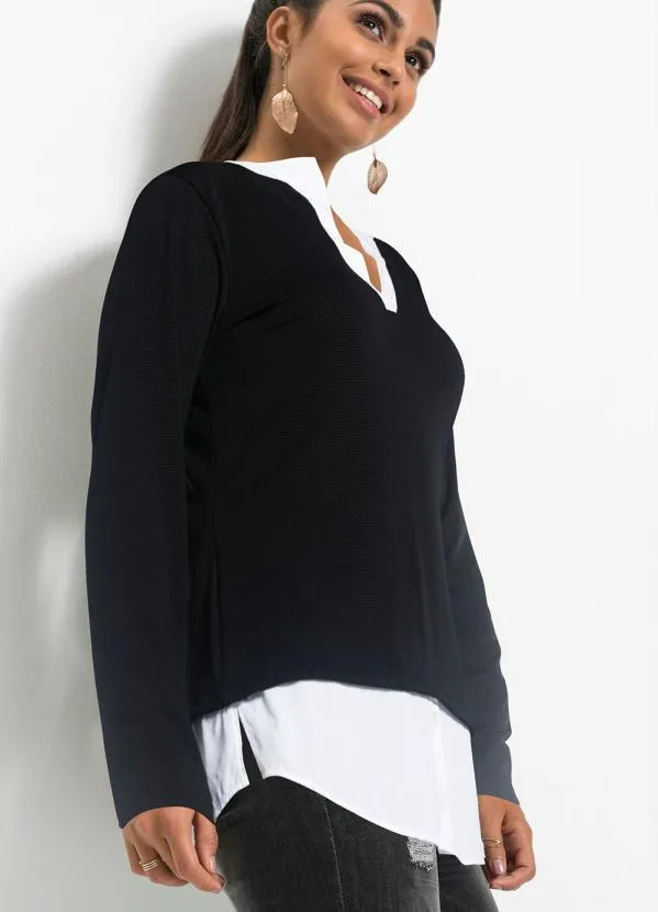 bonprix - Blusa Mangas Longas com Visual Duplo Preto 4