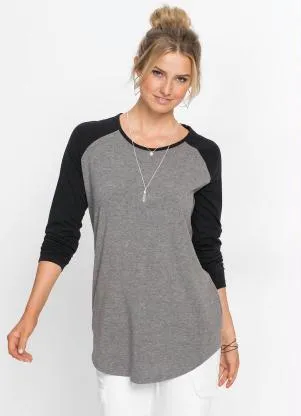 bonprix - Blusa Mangas Raglan Cinza Mescla e Preto - BONPRIX