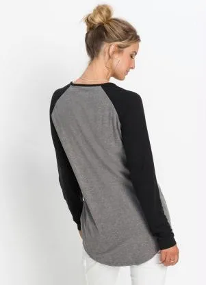 bonprix - Blusa Mangas Raglan Cinza Mescla e Preto - BONPRIX