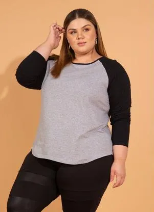 bonprix - Blusa Mangas Raglan Cinza Mescla e Preto - BONPRIX