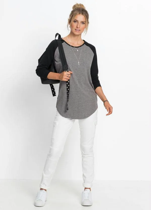 bonprix - Blusa Mangas Raglan Cinza Mescla e Preto 6