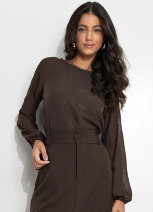 Quintess - Blusa Marrom Bordado em Chiffon - QUINTESS