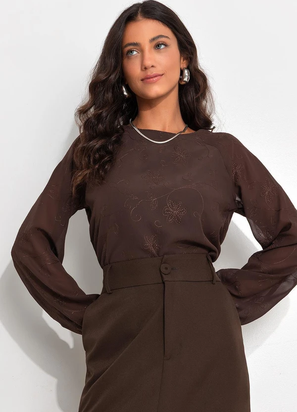 Quintess - Blusa Marrom Bordado em Chiffon 5