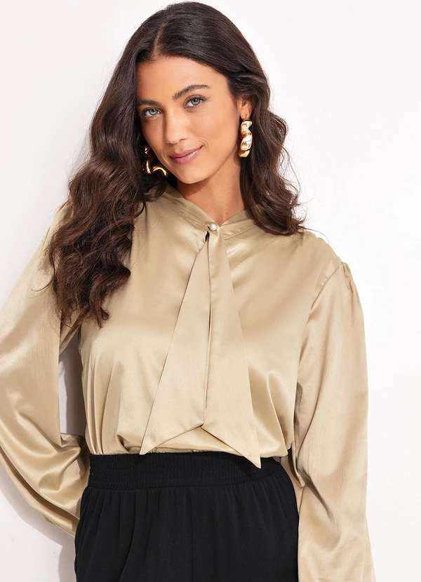 Quintess - Blusa de Cetim Marrom Claro com Manga Bufante e Gola Laço 18