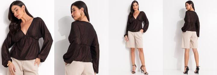 Blusa Marrom em Malha Canelada com Lurex