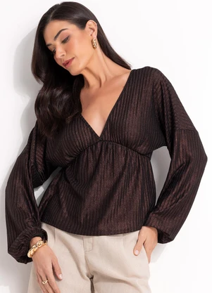 Quintess - Blusa Marrom em Malha Canelada com Lurex - QUINTESS