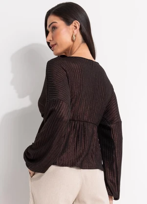 Quintess - Blusa Marrom em Malha Canelada com Lurex - QUINTESS
