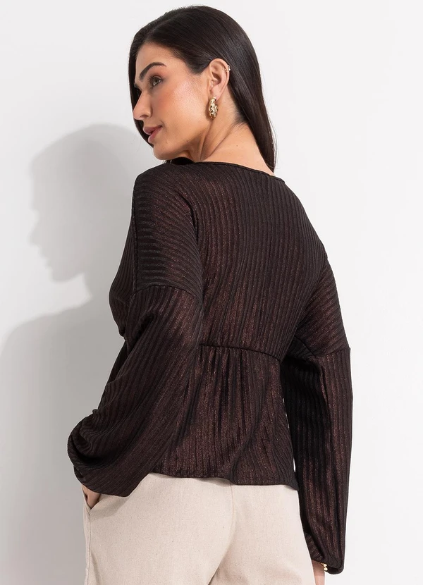 Quintess - Blusa Marrom em Malha Canelada com Lurex 2