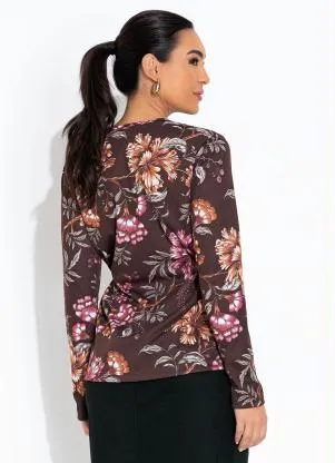 Rosalie - Blusa Marrom Floral com Franzido - ROSALIE
