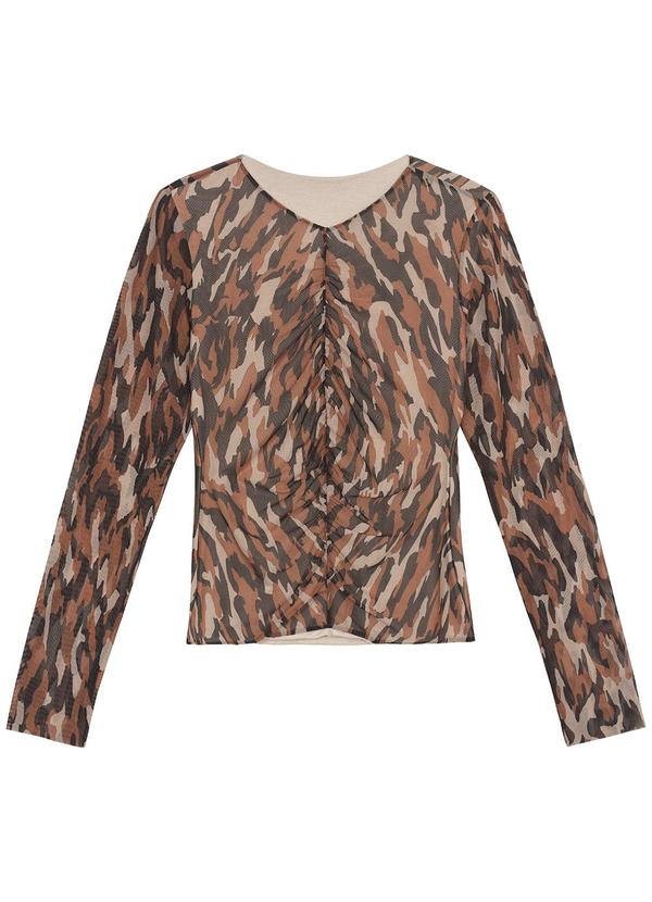 Malwee - Blusa Marrom Justa Animal Print em Tule