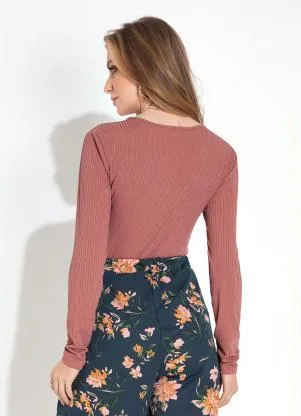 Moda Pop - Blusa Nude Decote Transpassado e Manga Longa - MODA POP