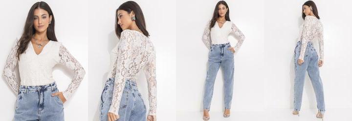 Blusa de Renda Off White com Decote V e Manga Longa