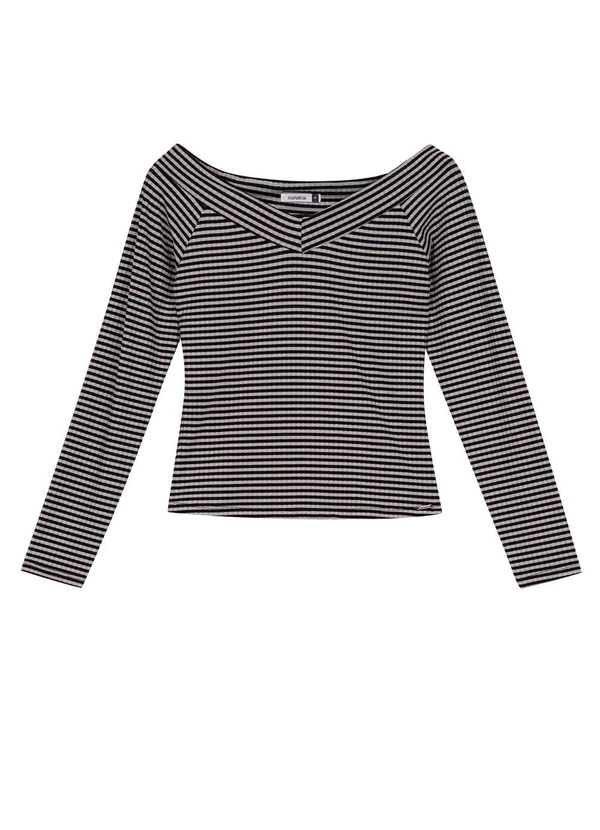 Marialícia - Blusa Ombro a Ombro Canelada Listras Preto 3