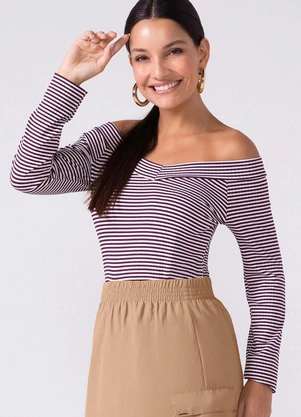 Marialícia - Blusa Ombro a Ombro Canelada Listras Roxo - MARIALÍCIA