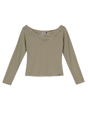 Marialícia - Blusa Ombro a Ombro Canelada Listras Verde - MARIALÍCIA