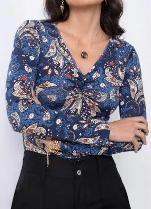 Quintess - Blusa Paisley Azul com Decote Ajustável - QUINTESS