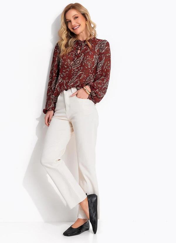 Quintess - Blusa Paisley Bordô em Crepe Plano 3
