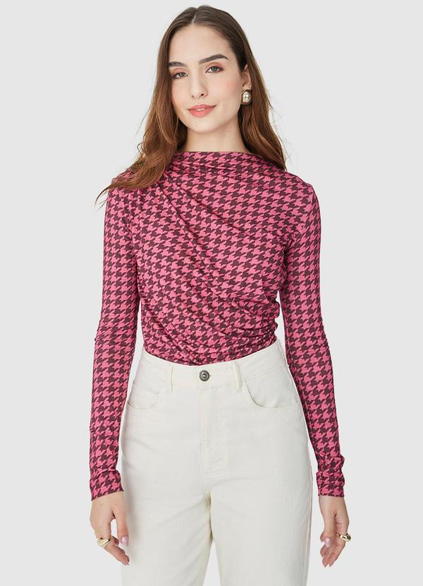 Malwee - Blusa Pied de Poule com Franzido Rosa 3