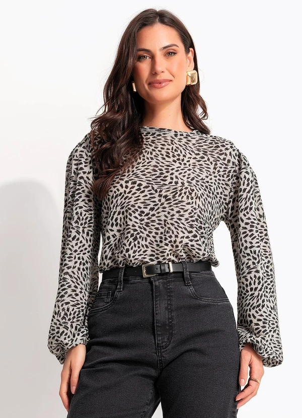 Quintess - Blusa Pincelado Abstrato em Malha Plissada