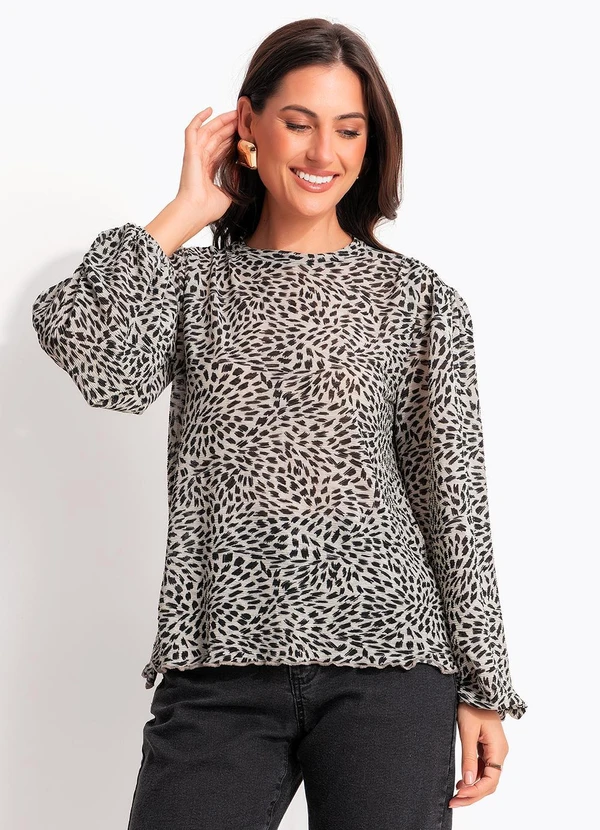 Quintess - Blusa Pincelado Abstrato em Malha Plissada