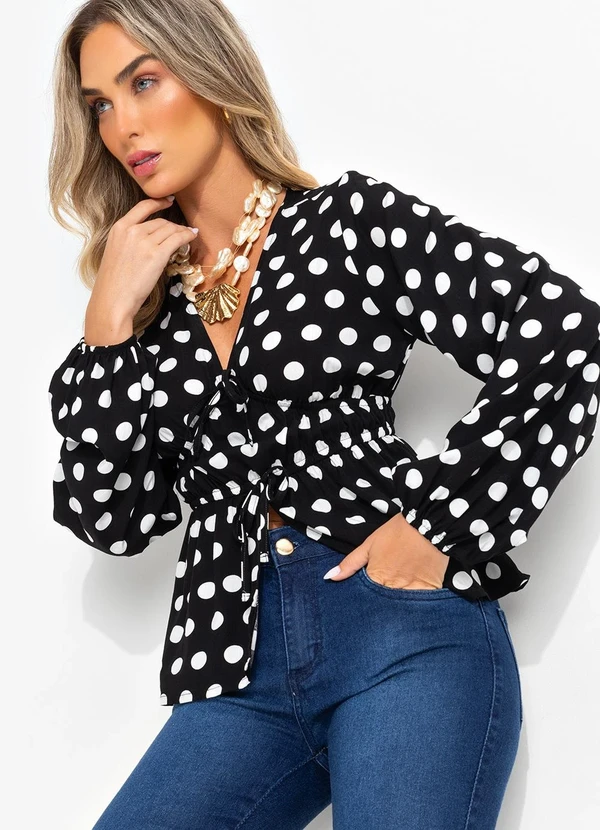 Quintess - Blusa Poá Preto em Viscose Plana